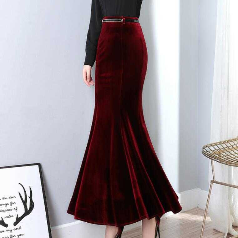 plus size 5XL! Autumn Vintage Velvet Black Maxi Long Mermaid Skirt Fashion Women Elegant Velour Skirts With Belt 210619