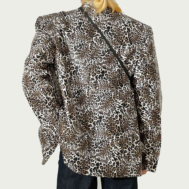 IEFB Men's Clothing Trend Leopard Print PU Leather Casual Jacket Vintage Noched Collar Long Sleeve Suit Coat 9Y7305 210524