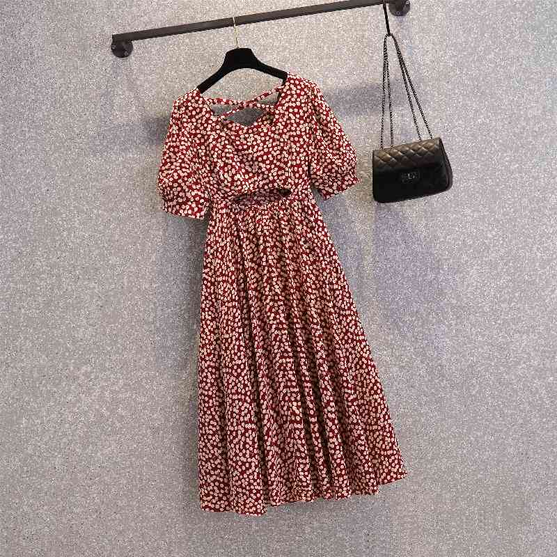 Korea Women Dresses Summer French Sweet Temperament Female Puff Sleeves V-Neck Waisted Gentle Floral Chiffon Dress Vestido 210506