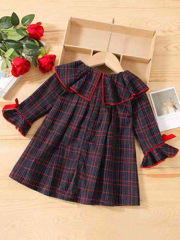 Baby Glen Plaid Bow Detail Ruffle Trim Flounce Sleeve Pleated Dress SHE