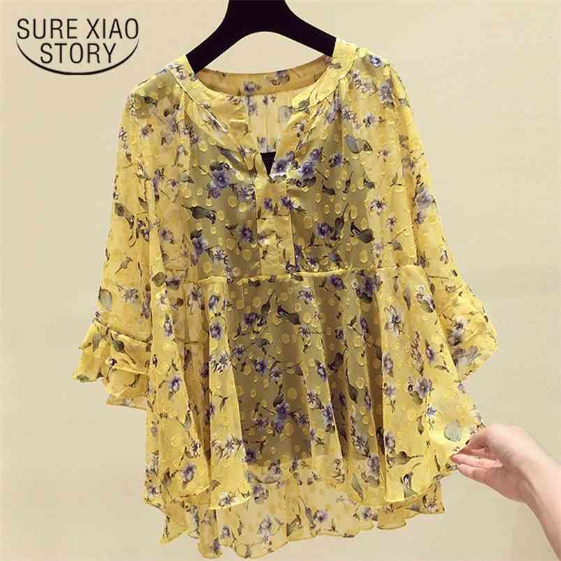 blusas mujer de moda womens clothing print chiffon blouse short sleeves shirts Two-piece Suite 4612 50 210506