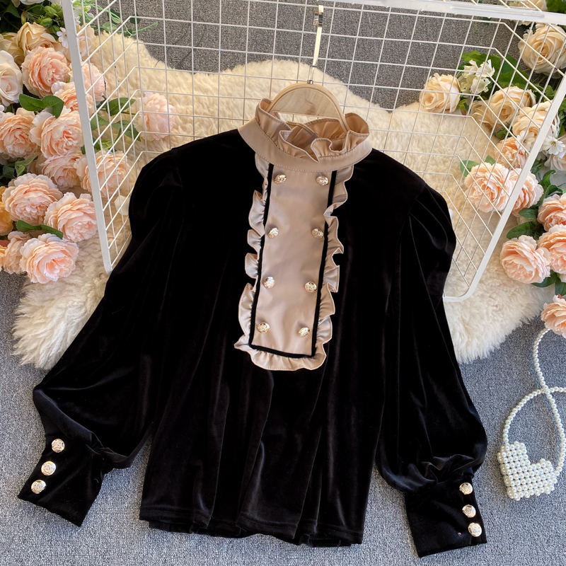 Vintage Women Velvet Blouse Casual Stand Collar Double Breasted Puff Long Sleeve Brown/Black Shirt Female Spring Autumn New 2021
Vintage Women Velvet Blouse Casual Stand Collar Double Breasted Puff Long Sleeve Brown/Black Shirt Female Spring Autumn New 2021