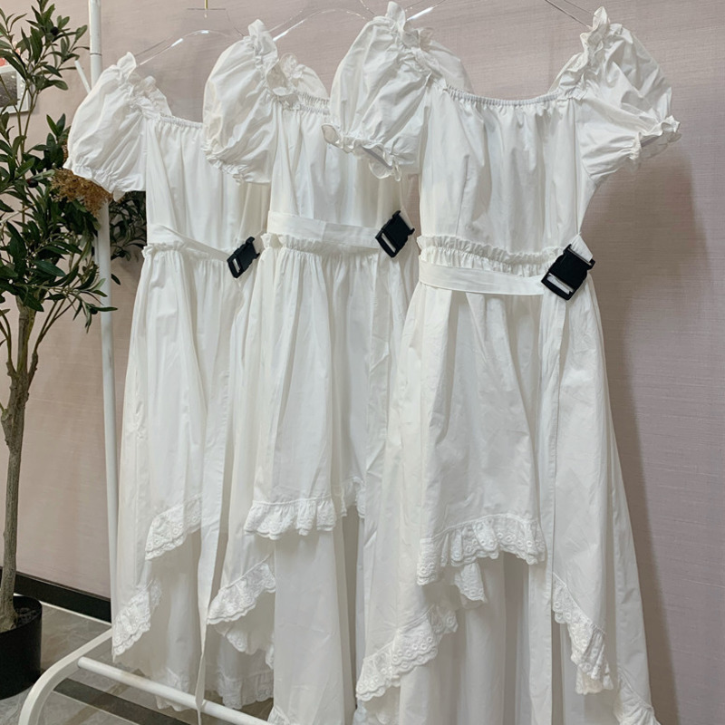 Korean Elegant Casual Women Summer Dress Female Square Collar Vintage Puff Sleeve Irregular Lace Splice Midi Long Dress Vestidos 210331