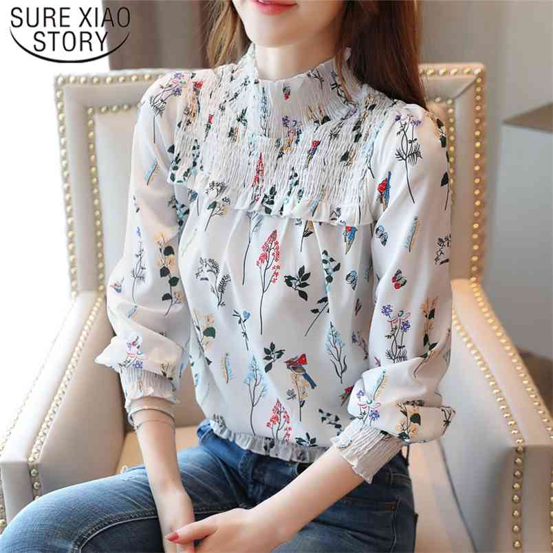 White Long Sleeve Printing Women Blouse Tops Plus Size OL Vintage Pullover Chiffon Shirt Camisas Mujer 6956 50 210506