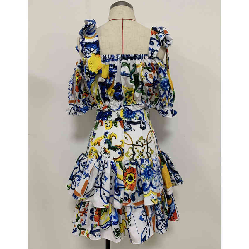 TOP QUALITY est Stylish Suit Set Women's Spaghetti Strap Camis Top Gorgeous Floral Print Ruffle Skirt Clothing 210521