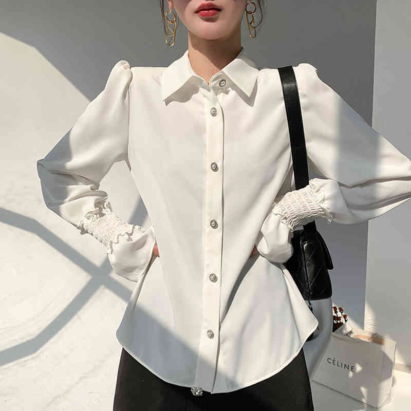 Elegant Casual Blouse For Women Lapel Long Sleeve White Patchwork Button Female Fashion Clothing 210524