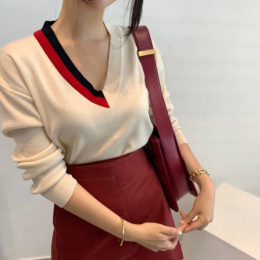 Autumn Winter Bottoming Sweater Elegant OL Pullover Stitching Color V-neck Long Sleeve Loose Knitted Sweaters 210421