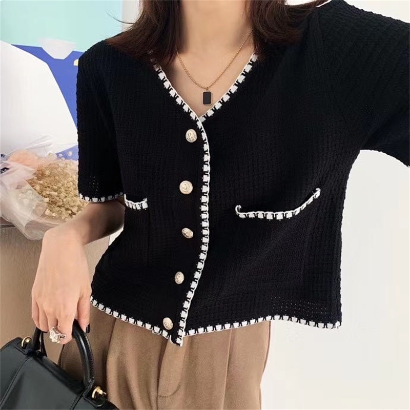 Summer Tops Women Elegant Knitted Cardigan Single Breasted V-neck Casual Sweater Korean Cardigans 210514