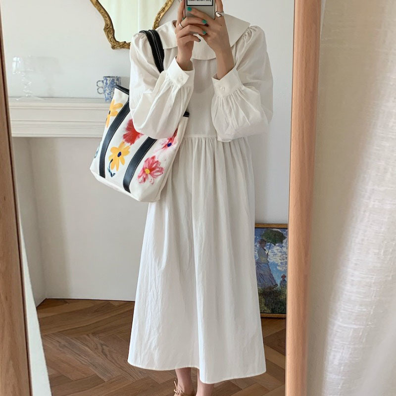 Nomikuma Korean Sweet Peter Pan Collar Women Dress Puff Sleeve Causal Solid Vestidos Femme Spring New Dresses 6F708 210427