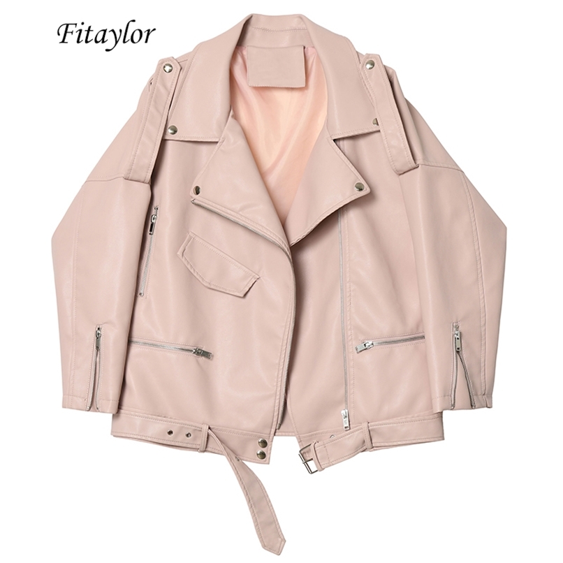 Fitaylor Autumn Women Faux Soft Leather Loose Jacket Coat Turndown Collar Zipper Pu Motorcycle Overcoat Female Rivet Punk Jacket 211130