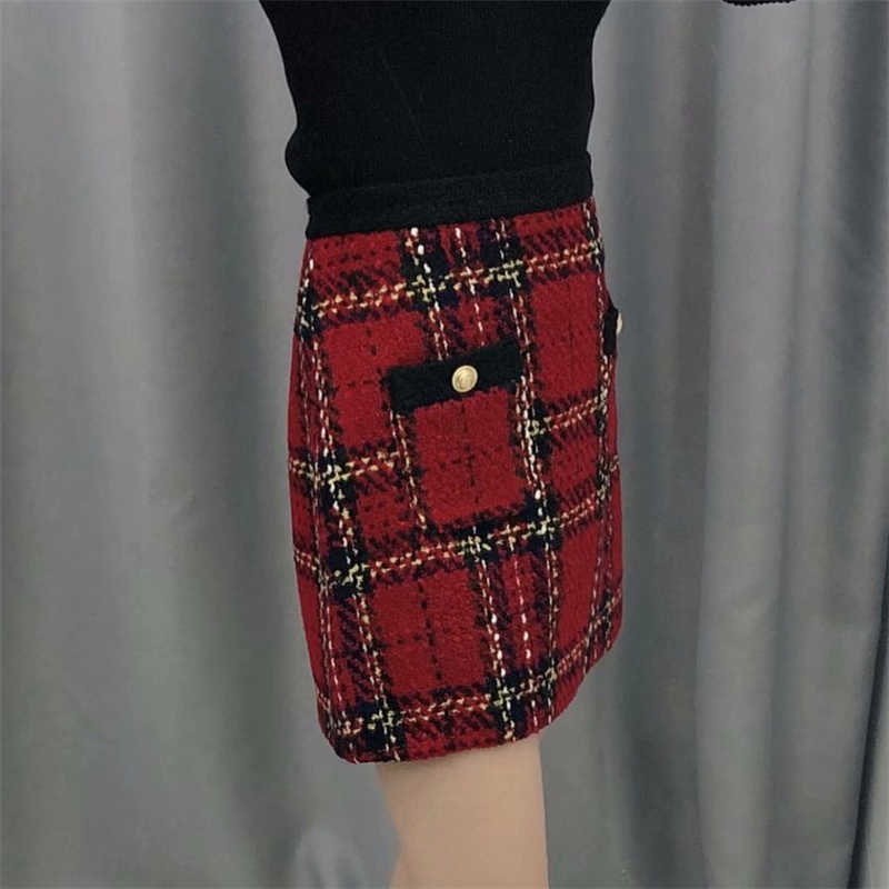 Vintage Women Red Plaid Woolen Skirts Fashion Ladies High Waist Skirt Elegant Female Chic Button Pocket Mini 210527