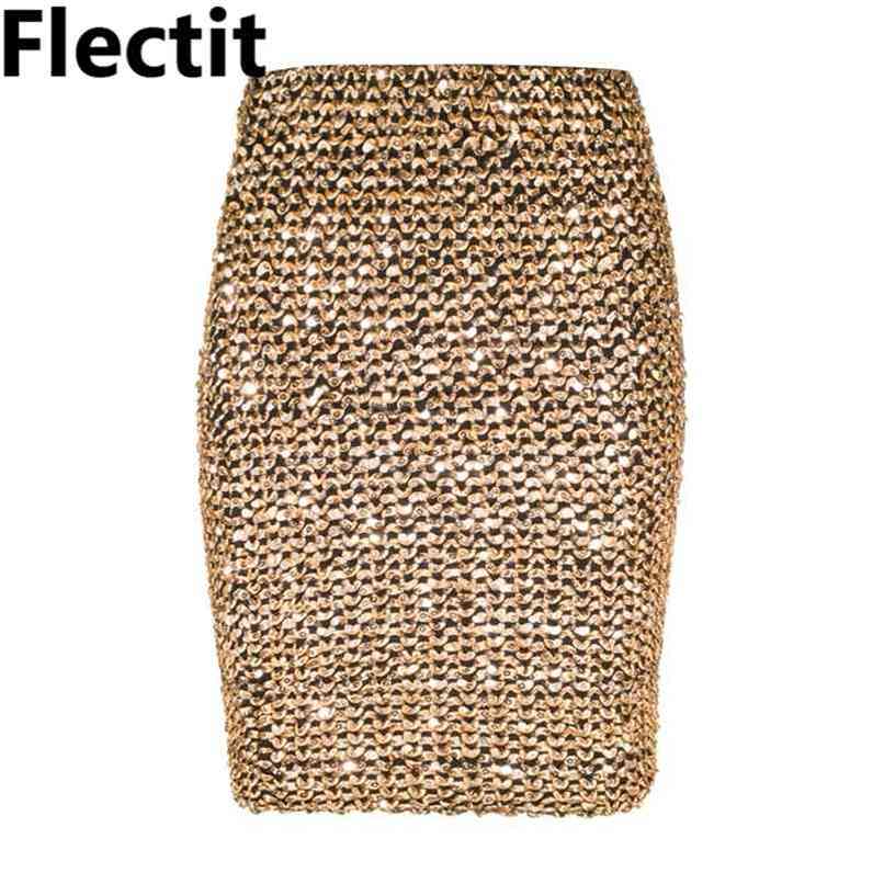 Flectit Womens Skirts Gold Sequined Mini Bodycon Pencil Short Wrap for Office Lady Party Girl Saia 210619