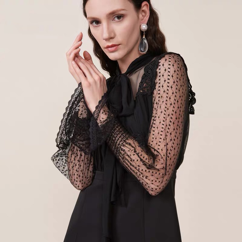 Party Black Bacless Dress Women Bow Collar Lace Poka Dot Patchwork Flare Sleeve Ruffle Robe Mini Vestido 210421