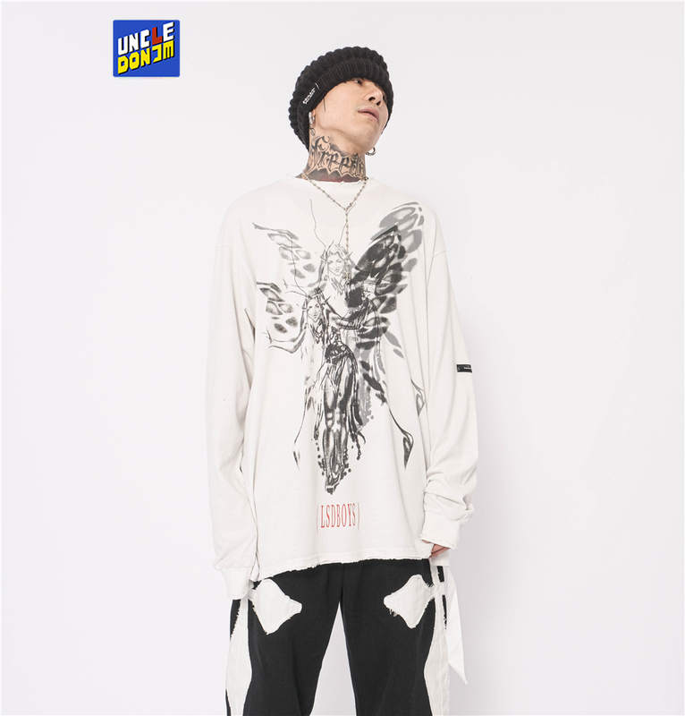 UNCLEDONJM Graphic t shirs Damaged vinage Hip Hop Long sleeve shir oversized shir Sreewear Harajuku Ripped Tees 220309