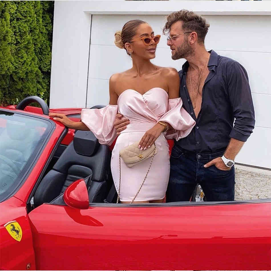 Summer Off Shoulder Mini Dress Vestido Sexy Women Long Puff Sleeve Pink Draped Club Celebrity Runway Party 210423