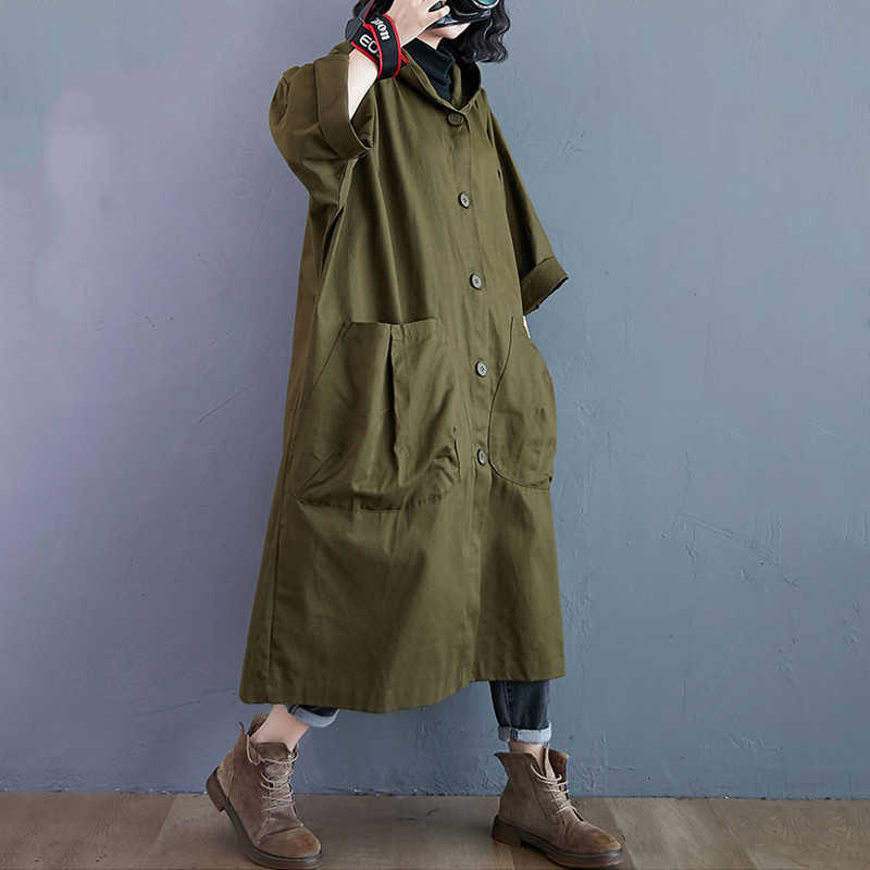 cotton hooded casual loose long autumn spring trench coat for women clothes Outerwear 210820