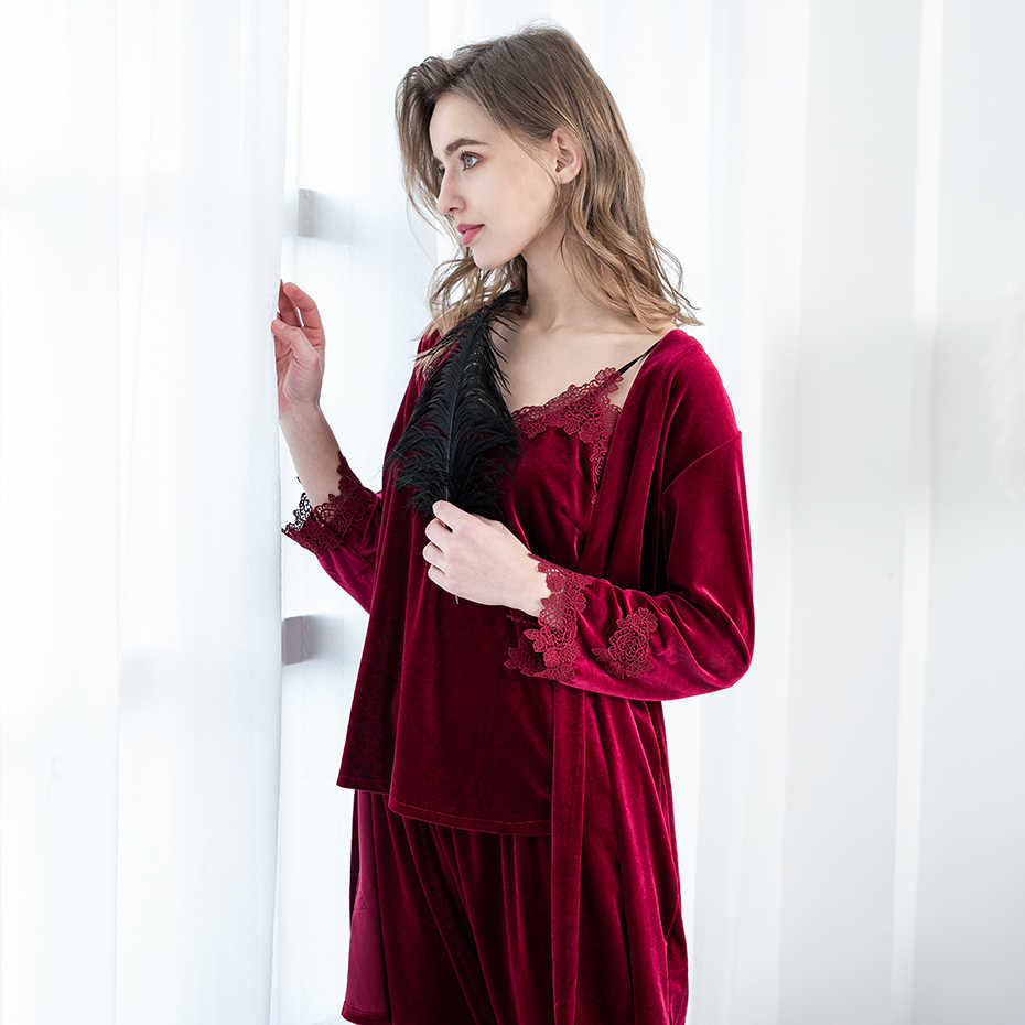 JULY'S SONG Fashion Velvet 4 Pieces Warm Winter Pajamas Sets Women Sexy Lace Robe Pajama Sleepwear Suit Sleeveless Nightwear 210924