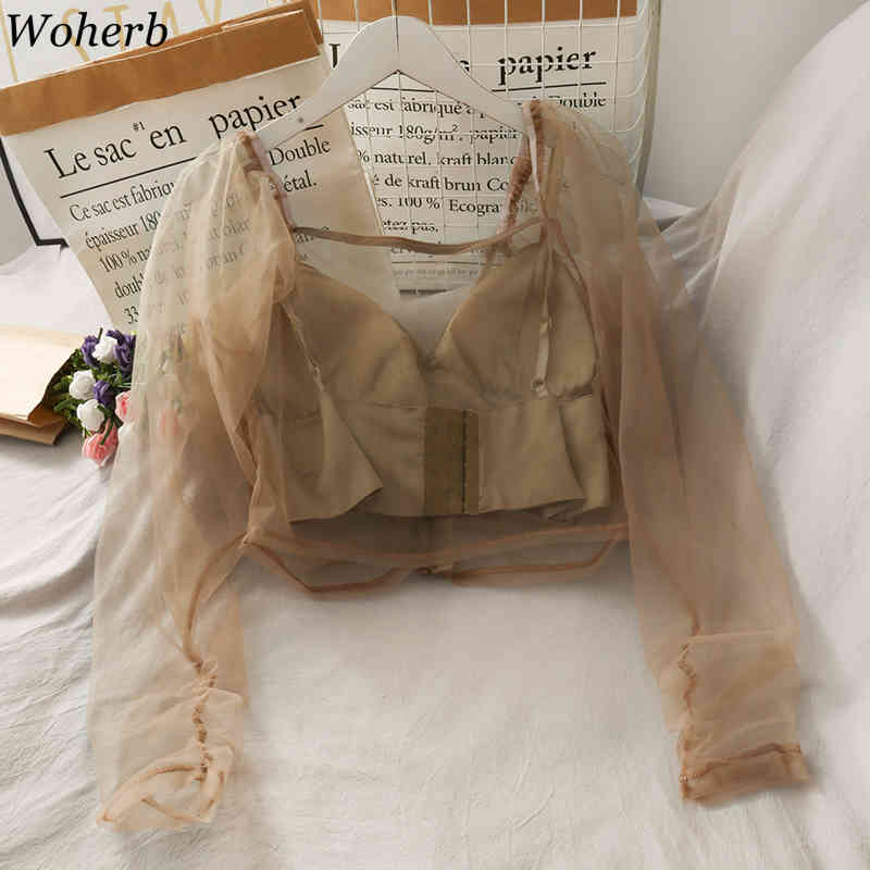 Two Piece Set See Throgh Mesh Top + Sleeve Crop Tank Summer Sexy Solid Blouse Elegant Fashion Streetwear Blusas 210519