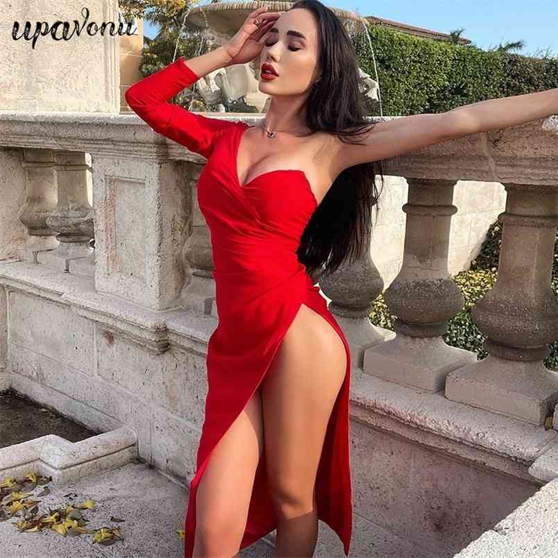 Free Women's Red Summer Dress Sexy One Shoulder Long Sleeve Halter Split Club Evening Party Vestido 210524