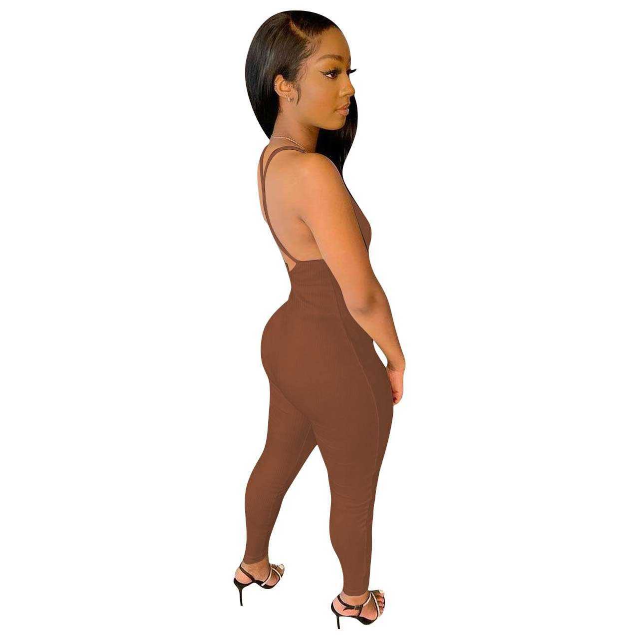Women Designers Clothes 2023 women's spring and summer new rib suspender backless Jumpsuit v-neck blue