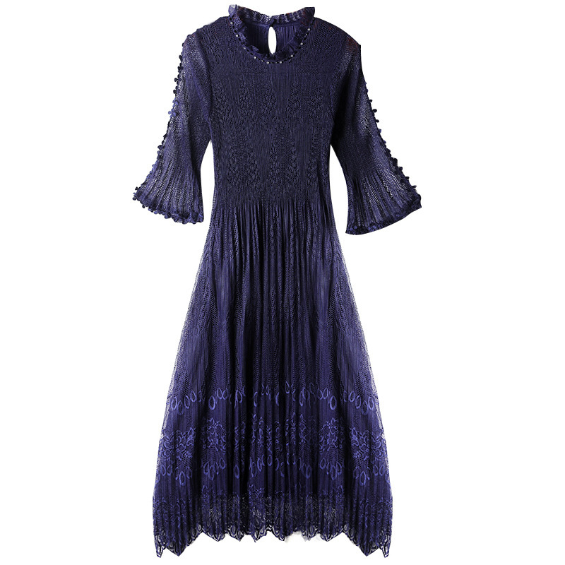 Pleated Yarn Dress For Women Navy Blue Layer Mesh Dresses Large Size Flare Sleeve Femlae Elegant Clothing 2D3925 210526