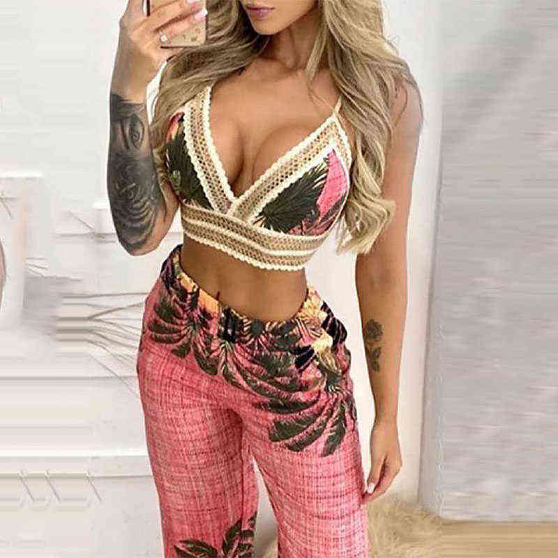 Summer Women Sexy Two Piece Holiday Wear V Neck Sleeveless Tropical Print Lace Trim Crop Top & Slit Casual Long Pants Set 211105