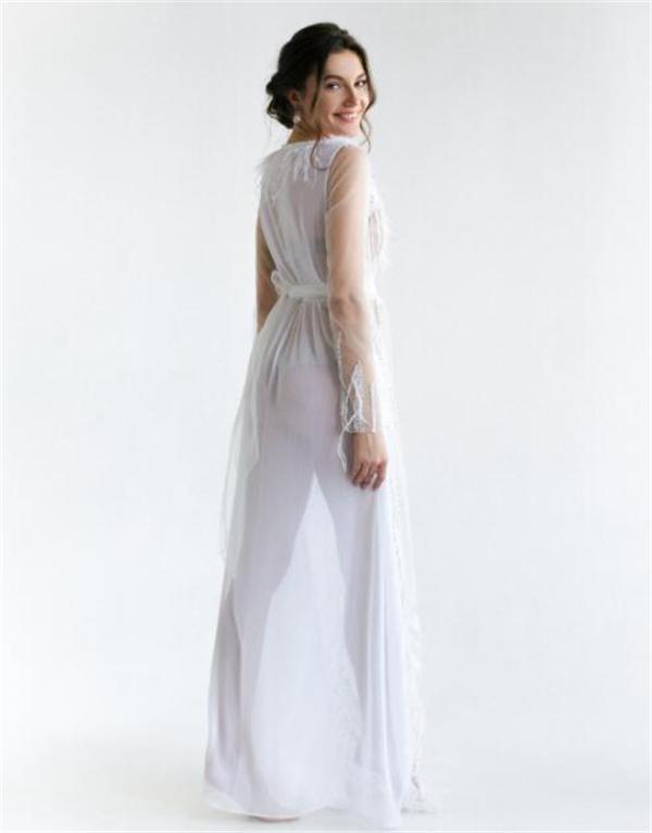 White Feather Maternity Sleepwear Lace Applique Sheer V Neck long sleeve Skirts for Photoshoot Boudoir Lingerie Bathrobe Nightwear