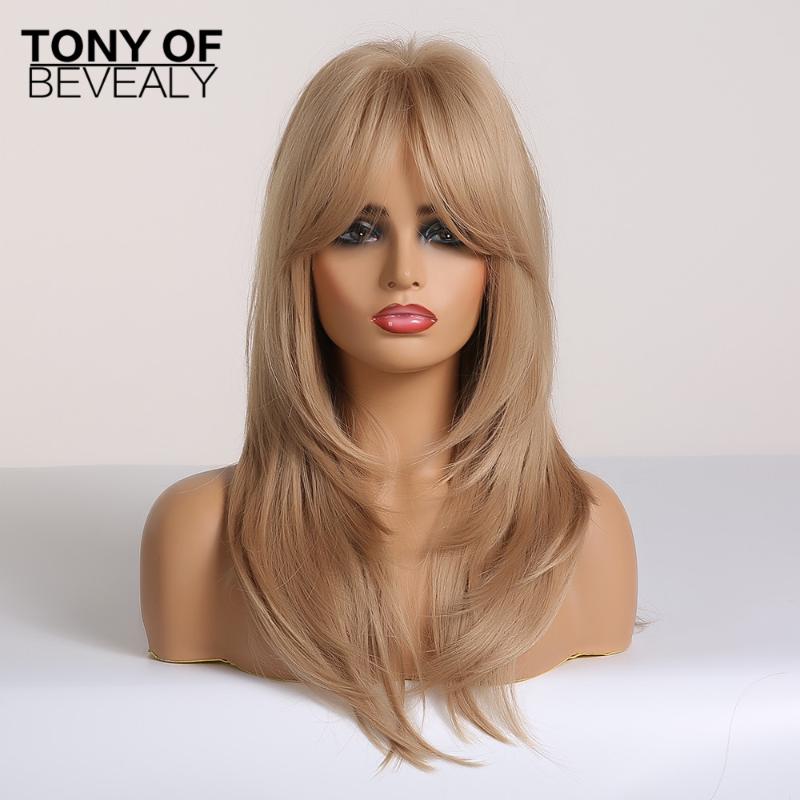 Synthetic Wigs Long Black To Blonde Ombre For Women Afro Cosplay With Bangs Wavy Layered Heat Resistant Fiber