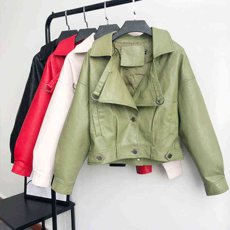 Fitaylor Loose Pu Leather Batwing Sleeve Vintage Leather Jacket Street Casual Outwear Ladies Biker Leather Coat Multicolor 211130