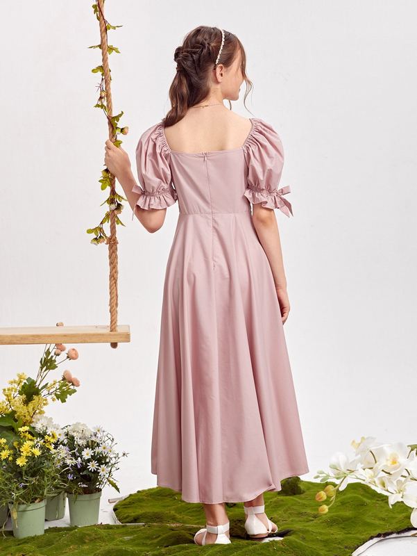 Teen Girls Bow Detail Puff Sleeve Button Front Dress SHE