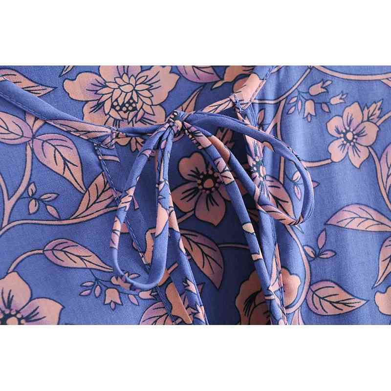 Spring Bohemia Bandage Lacing up Collar Blue Floral Print Dress BOHO Woman Long Sleeve Ankle Length Holiday Dresses Beach 210429