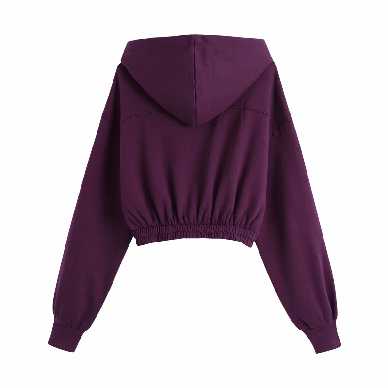 Casual Woman Purple Short Elastic Waist Hoodies Spring Fashion Ladies Soft Hooded Tops Girls Chic Sports Sweatshirt 210515