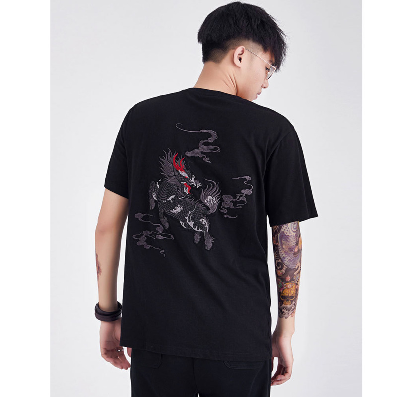 IEFB Men's Chinese Style Kirin Embroidered T-shirt Loose Round Neck Cotton Tee Tops Man's Wear Casaul Loose Clothes 9Y5879 210524