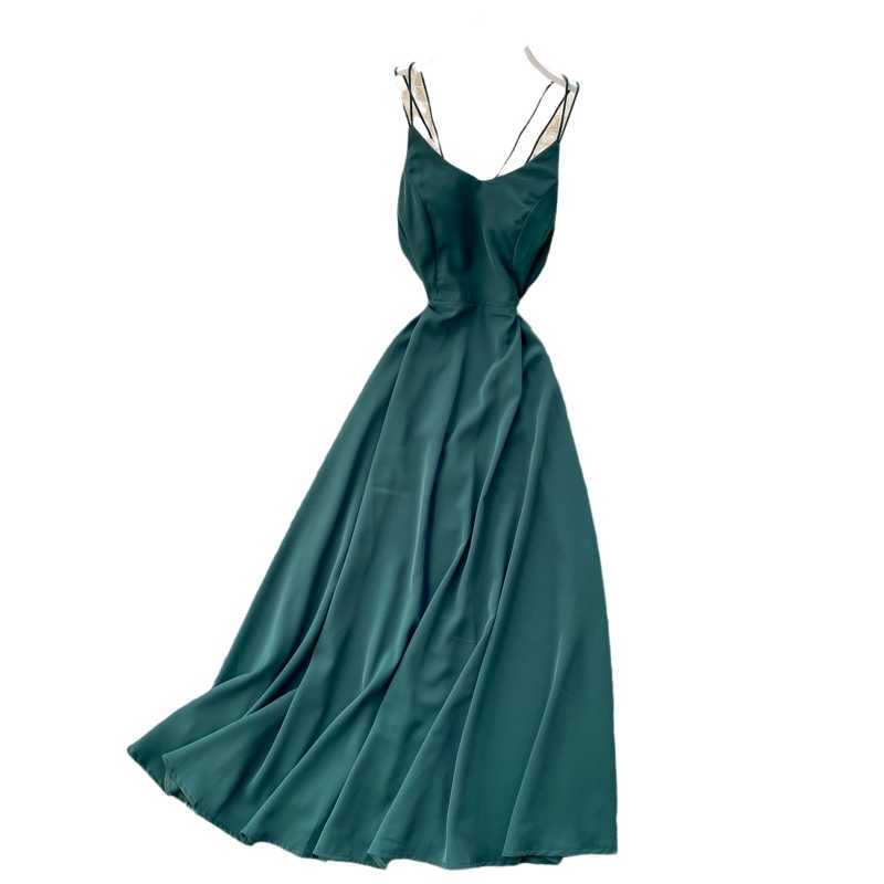 Elegant Clothes Seaside Holiday Backless High-waisted Slimming Solid Color Dress Women Sleeveless Vestidos De Fiesta L508 210527