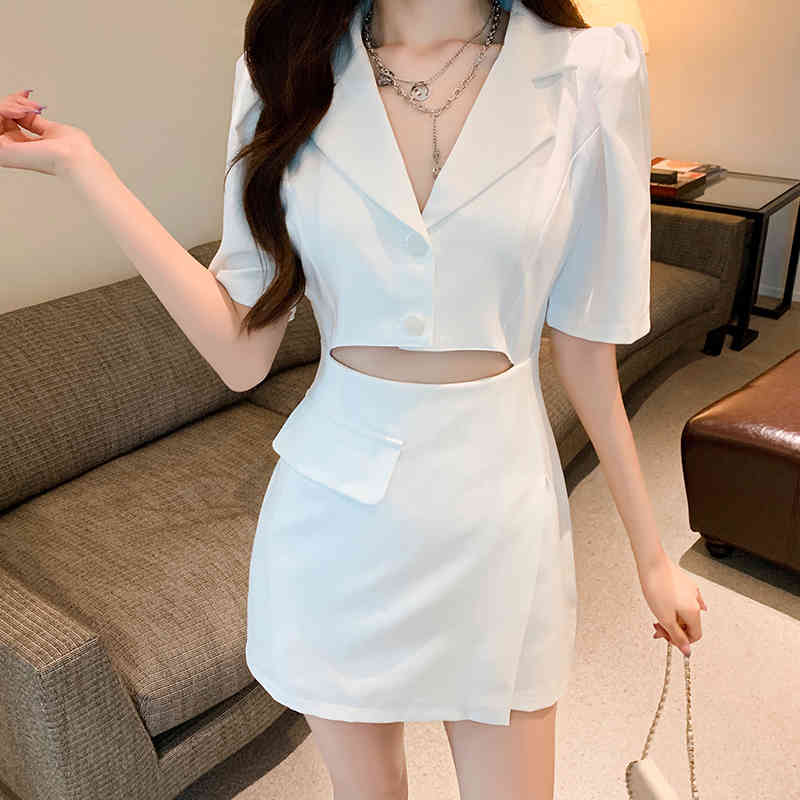 Sexy Hollow Out Casual Dress For Women Retro Notched Puff Sleeve High Waist Mini Dresses Female Fashion Clothing 210519
