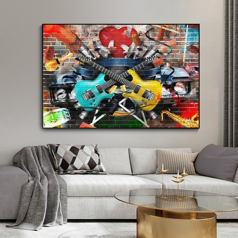 Collage of Music Wall Art Color and Bright Musical Wall Decor Graffiti Large Canvas Print Retro Car Gitars Wall Art Drums Poster