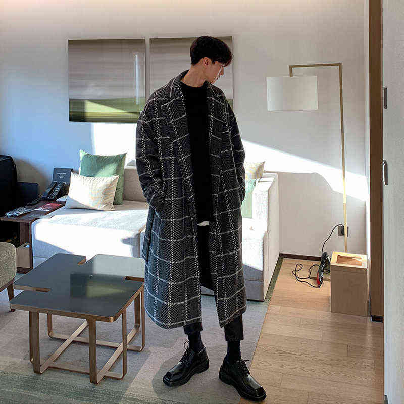 IEFB /men's wear autumn winter plaid print long coat Korean style trendy mid-length woolen coat couple bandage waist 9Y3829 211122