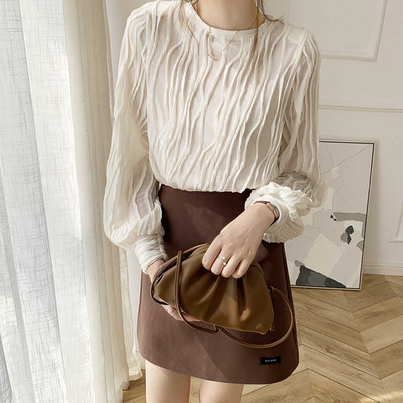 Round neck solid color pleated shirt women 2020 new loose hedging fashion temperament top X0628