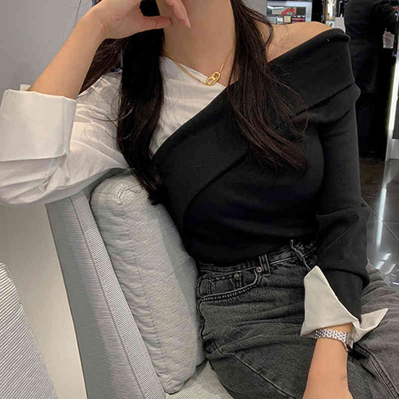 Nomikuma Black White Hit Color Patchwork Women Knitwear Sexy Strapless Long Sleeve Knitted Top Causal Spring Pullover 6E226 210427