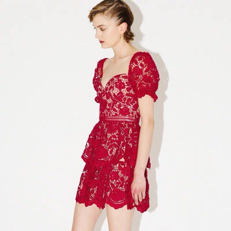 Spring Puff Sleeve High Waist Slim Backless Dress Women Self Portrait Red White Color Lace Mini Female Sexy 210506