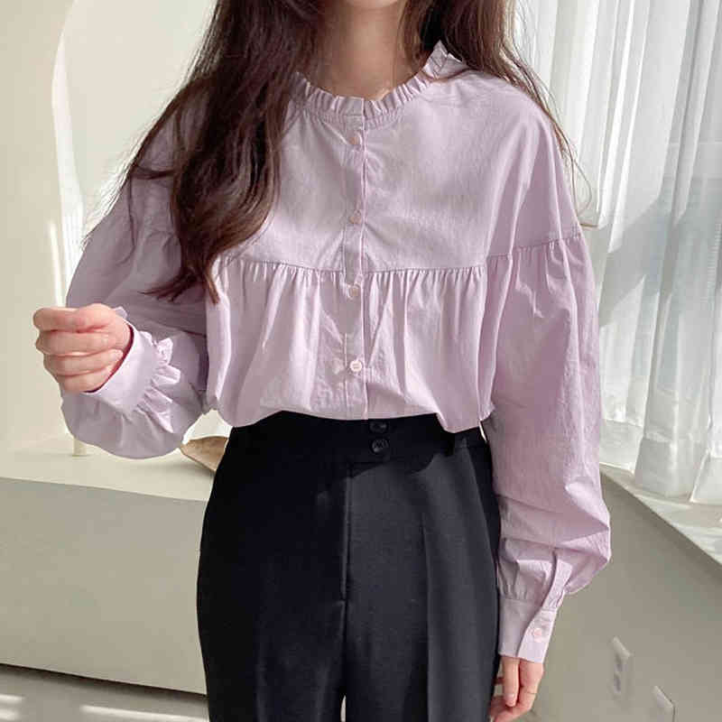 Nomikuma Korean Chic Sweet Doll Shirts Causal Single Breasted Pleated O-neck Women Blouses Spring New Blusas Mujer 6G105 210427