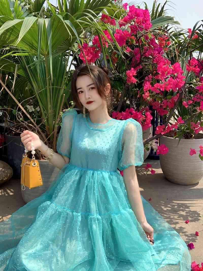 Summer Dress Vintage Women Sweet O-Neck Puff Sleeve Pleated Big Swing Dress Women Fairy Party Dresses 210518