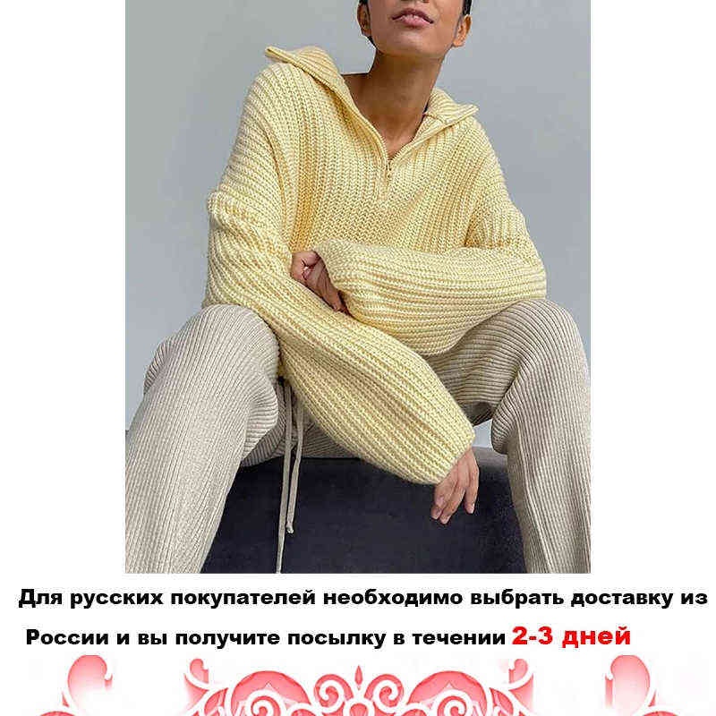 WOTWOY Autumn Winter Thickening Knitted Sweater Women Casual Zipper Polo Collar Loose Knitted Pullovers Female White Jumper 211109