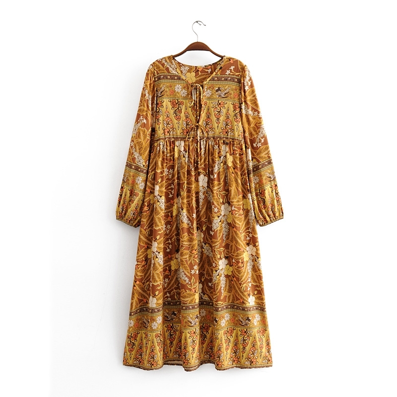 beauty Fashion Boho Floral Print Maxi Dress Women Beach Chic Long Sleeve Dresses Female Summer Loose Holiday Wear 210514