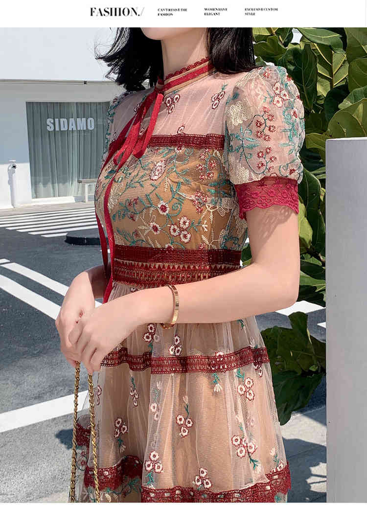 Summer Flower Embroidery Mesh Dress Women Short Sleeve O-Neck Bow Vintage Female High Waist Slim Party Robe Vestidos 210519