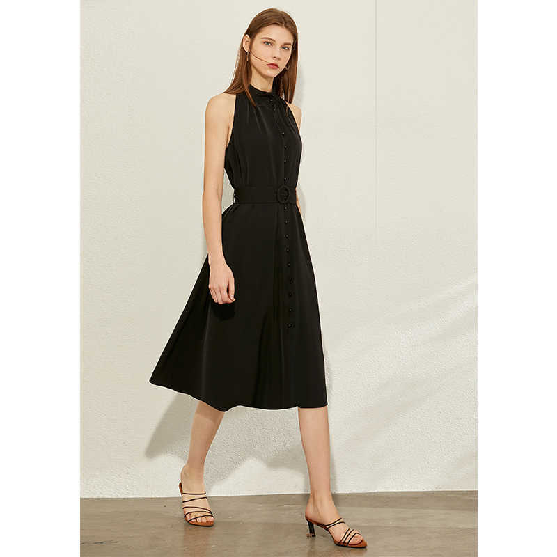 Minimalism Spring Summer Fashion Solid Halter Women Dress Sleeveless Aline Loose Belt Female Knee-length 12070176 210527