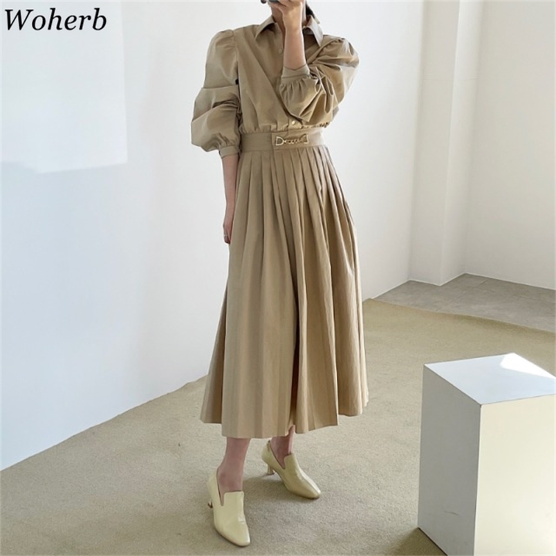 Elegant Solid Pleated Women Dresses Vintage Chic Slim Waist Turn Down Collar Femme Robe Puff Sleeve Vestidos 28177 210519
