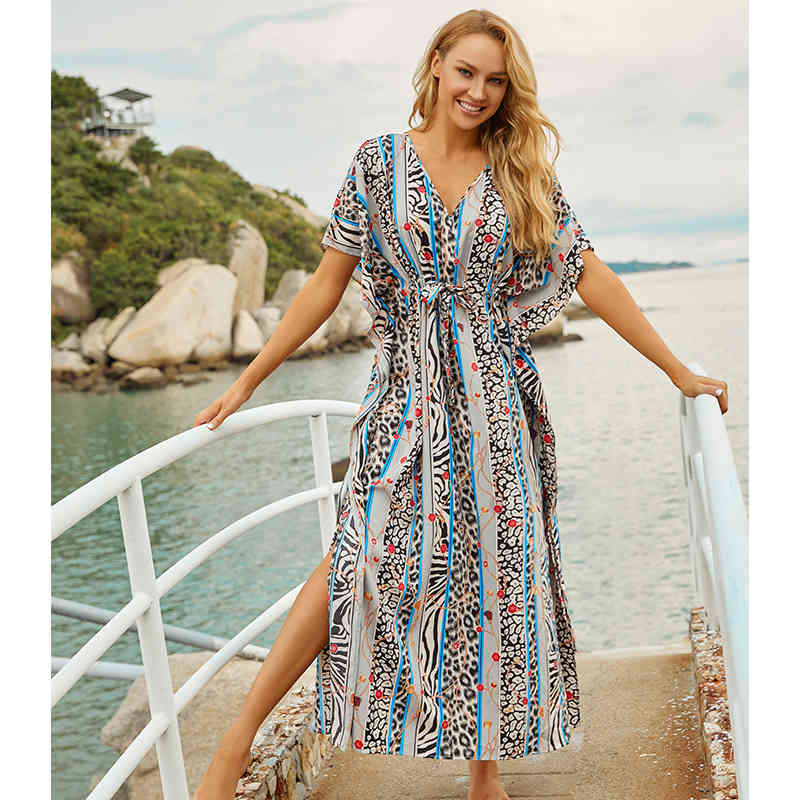Sexy Bikini Cover-ups Cotton Tunic Boho Striped Summer Beach Dress Elegant Women Plus Size Wear Swim Suit Cover Up Q1105 210420