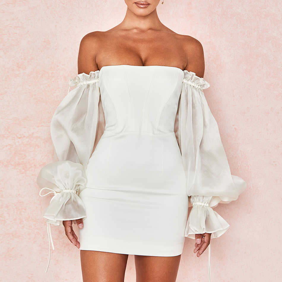 Summer Dress Female Long Sleeves Strapless Mini Sexy Bodycon Chic Club Celebrity Party 210527