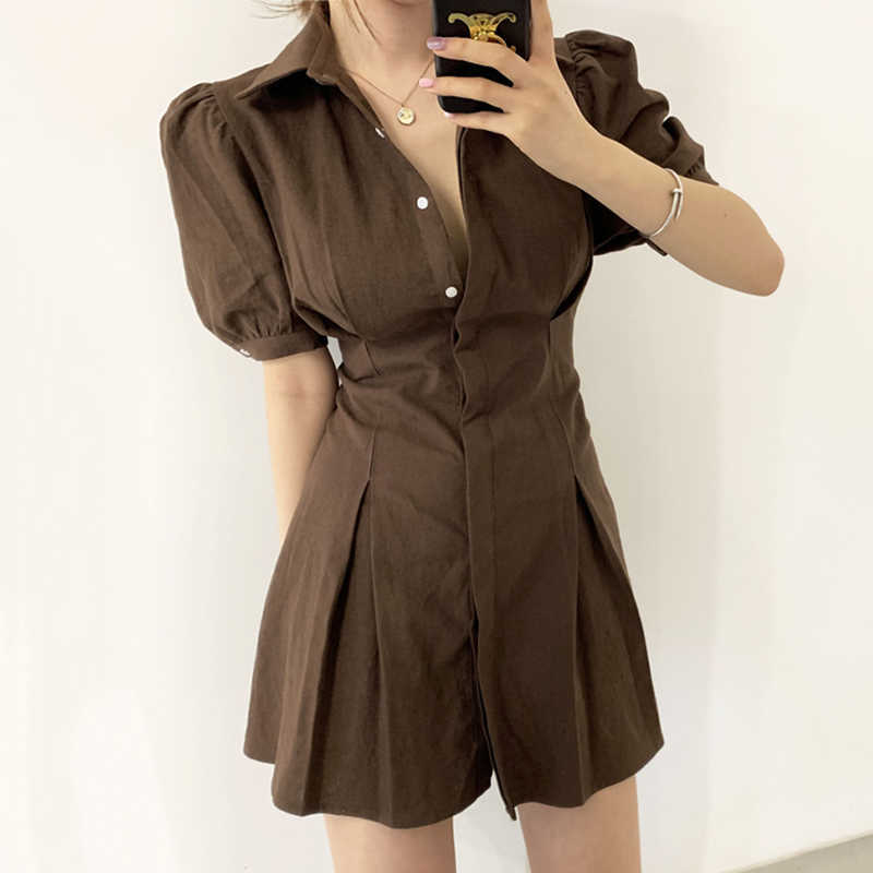 Korejpaa Women Dress Summer Korean Chic French Retro Lapel Single-Breasted Pleated Waist Puff Sleeve Shirt Style Vestidos 210526
